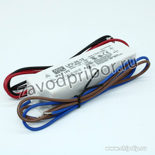 LPV-20-15, AC-DC, 20Вт, IP67, вход 90:264В AC, выход 15В/1.33A, изоляция 3000В AC, в кожухе 118х35х26мм, -30:+70°С