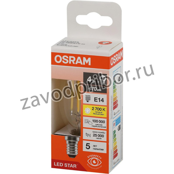 Лампа светодиодная OSRAM LS CLB40 4W/827 230VFILCL E14 4058075683877
