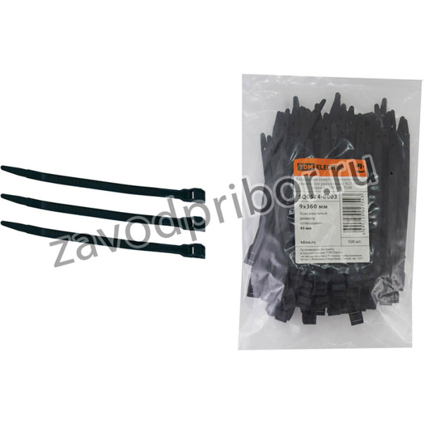 Кабельный хомут с горизонтальным замком (не разъемный) КСГ 9х360 черный (100 шт) TDM