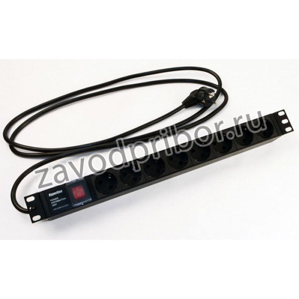 397034, Hyperline SHE19-8SH-S-2.5EU Блок розеток для 19" шкафов, горизонтальный, с выключателем с подсветкой, 8 розеток Schuko (16A), 250В