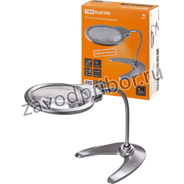 Лупа настольная круглая, d 125 мм, 2-х/5-ти крат. увел., опора, гиб. штанга, LED подсв., 3хААА, TDM