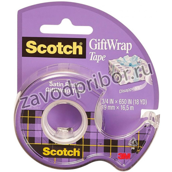 Клейкая лента канцелярская 3M Scotch GiftWrap (15) 7100093925 шир.19мм дл.7.5м полуматовая на мини-диспенсере