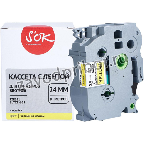 Кассета с лентой Sakura TZE651 для Brother PT-P700,PT-P750W/ PT-P900W/PTP950NW, черный на желтом, 24мм/8м, наклейка