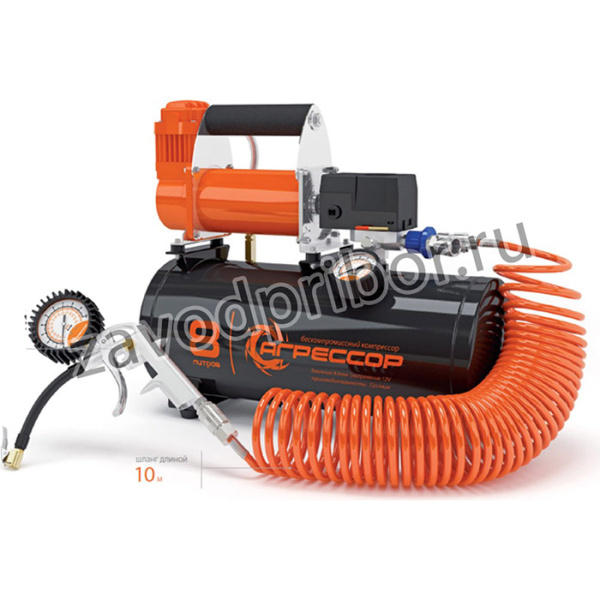 Компрессор АГРЕССОР, металлический, ресивер 8л., 12V, 480W, шланг 10м., пистолет для накач. шин, пере одник для пневмо инстр-та, 1 1 AGR-8LT