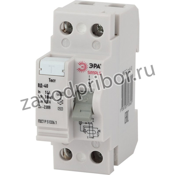 SIMPLE-mod-41 ЭРА SIMPLE Устройство защитного отключения УЗО ВД-40 2P 16А/30мА (электронное) (100/24 Б0039261