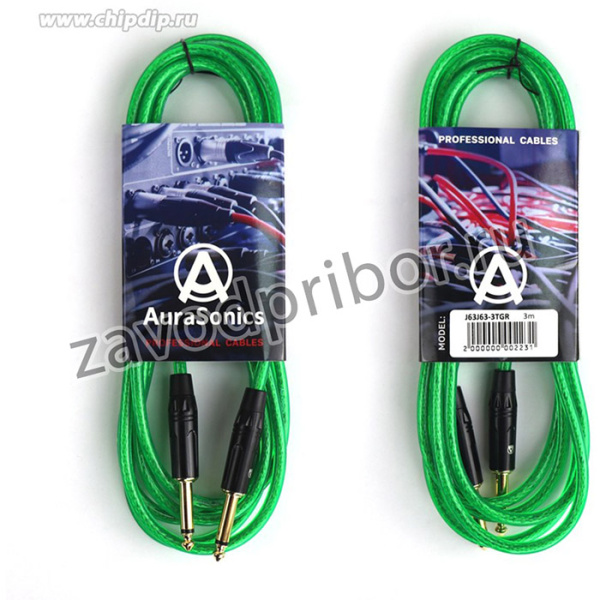 AuraSonics J63J63-3TGR гитарный кабель Jack TS 6.3мм - Jack TS 6.3мм 3м, прозрачный зеленый