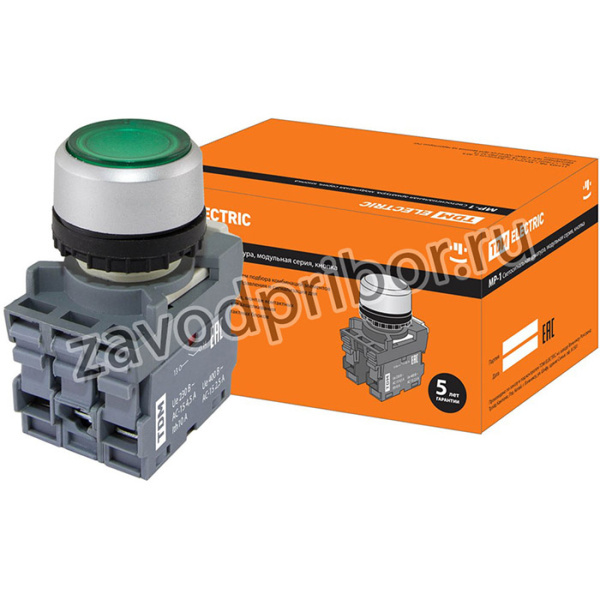 Кнопка MP1-21G(LED) в сборе d22мм/24В 1з+1р зеленая TDM