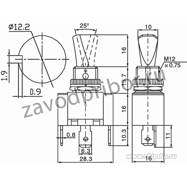 36-4351, Тумблер 12V 30А (3c) ON-OFF однополюсный с синей LED подсветкой (ASW-07D-2)