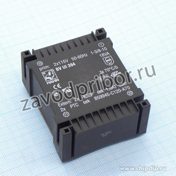 BV UI 394 0110, (18W 2x7.5V 2x1.2A 2*115V), Трансформатор питания 18ВА 2*115В, 2*7.5В, 2*1200мА 70/B (45)