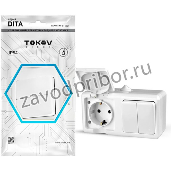 Блок ОП Dita (розетка 16А 250В с заземл. 2-кл. выкл. 10А) IP54 бел. TOKOV ELECTRIC TKL-DT-V2RZ-C01-IP54