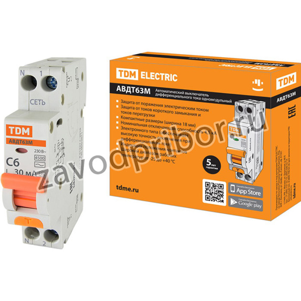 АВДТ 63М 2P(1P+N) C6 30мА 4,5кА тип АС TDM