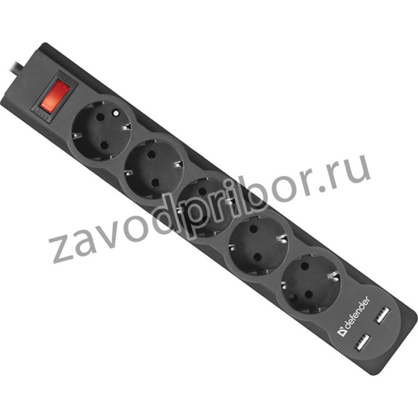 99753, Defender DFS 753 (3 м, 5 розеток), Сетевой фильтр Defender DFS 753 3,0 м, 5 розеток, 2xUSB, 2.1A