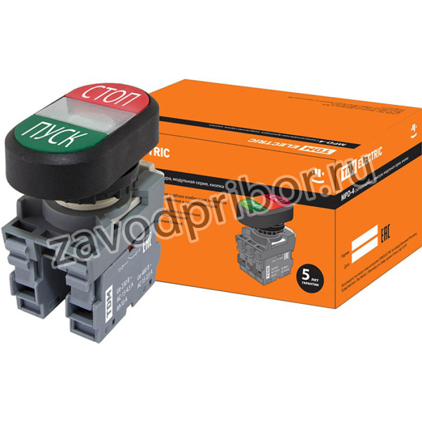 Кнопка двойная MPD4-11С (зеленая/красная)(LED) в сборе d22мм/24В (ПУСК/СТОП) линза прозрачная TDM