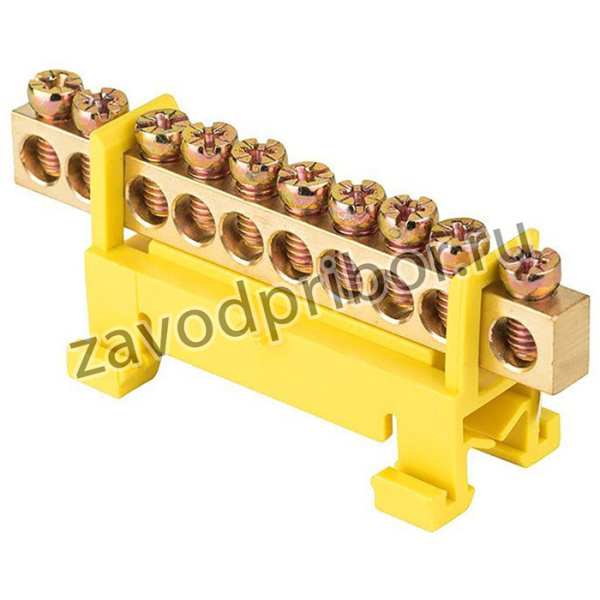 Шина нулевая PE 6х9 10 отверстий желтый изолятор тип "Стойка" на DIN-рейку латунь PROxima EKF sn0-63-10-sy