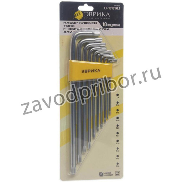 ER-15101XLT, Набор ключей TORX T9-Т50 Г-образных экстрадлинных 10 предметов ЭВРИКА