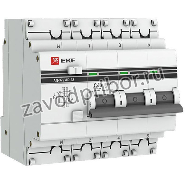 Выключатель автоматический дифференциального тока 4п (3P+N) C 40А 30мА тип AC 4.5кА АД-32 защита 270В электрон. PROxima EKF DA32-40-30-4P-pr