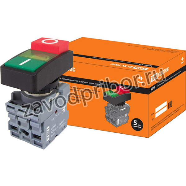 Кнопка двойная MPD13-11G (зеленая/красная- выступающая) (LED) d22мм/24В (I/O) линза зеленая TDM