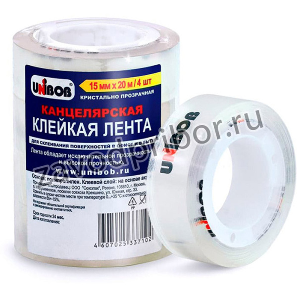 Клейкая лента канцелярская Unibob 51327 кристально-прозрачная шир.15мм дл.20м полипропилен спайка (упак.:4шт)