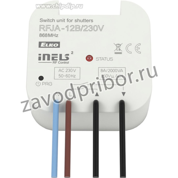 RFJA-12B/230V. Коммутирующий 1-но канальный элемент для жалюзи. Выходы: 2xNO 8А с блокировкой; питание: 230V; монтаж BOX 49х49х21 мм.