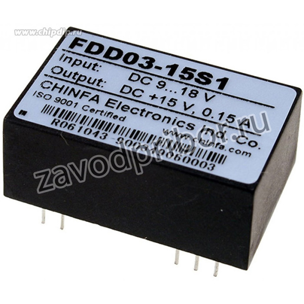 FDD03-15S1, DC-DC, 2.4Вт, вход 9:18В, выход 15В/160мА, изоляция 1500В DC, корпус DIP24, 31.8х20.3х12.7мм, -40°С:+71°С