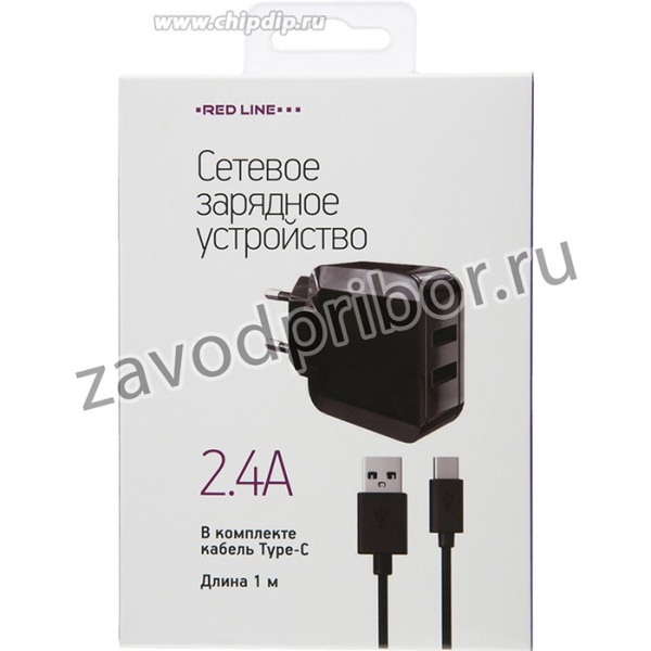 СЗУ Red Line 2 USB (модель NC-2.4A), 2.4A, + кабель Type-C, черный