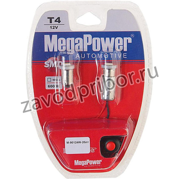90124W-2блт, Лампа светодиодная 12V T4W BA9s 6000K блистер (2шт.) с тестером MEGAPOWER