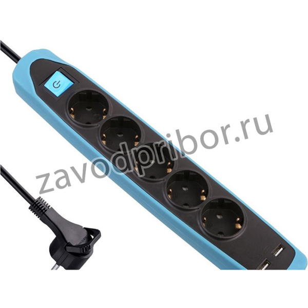 Удлинитель 5Р+2USB с выключателем 3x1-2М с/заз силикон черно-синий 62157