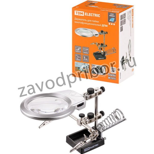 Держатель для пайки многофункциональный ДПМ, 2 зажима "крокодил", лупа с LED подсв., 3хААА, "Алмаз"