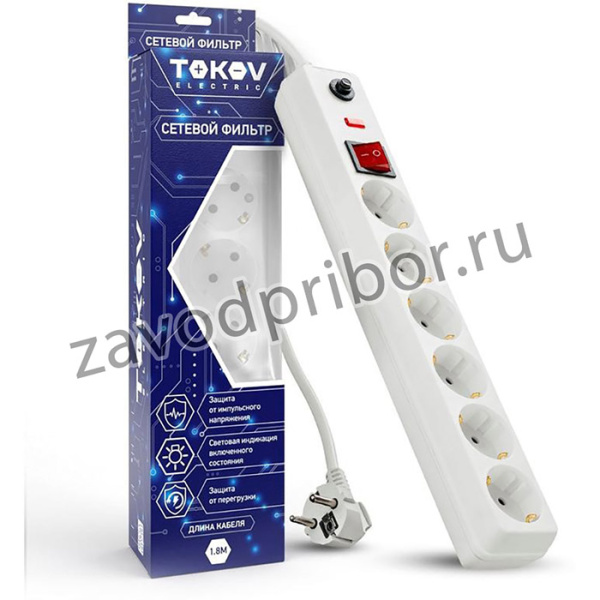 Удлинитель с сетевым фильтром 6х1.8м с заземл. с выкл. 16А с защ. от скачков напр. и перегрузок 3х1 бел. TOKOV ELECTRIC TKE-C01-SF6-1.8-ZV