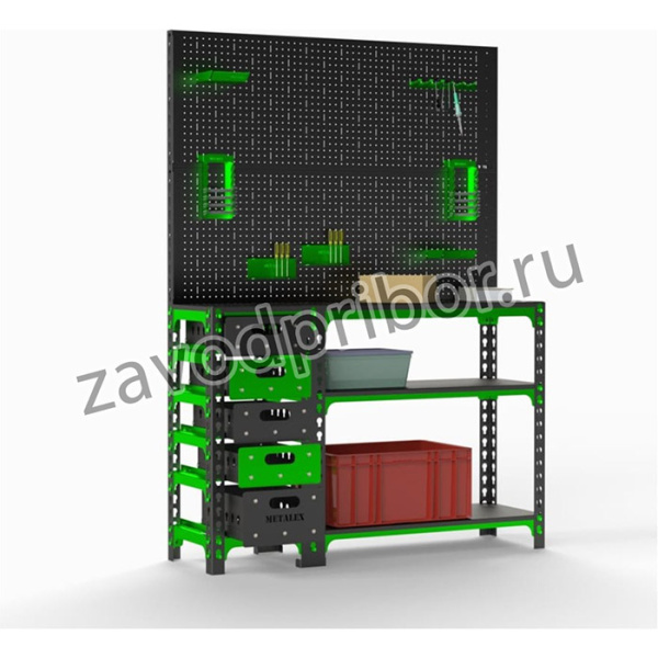 Стол-верстак Metalex c одной тумбой 950x1000x400 + двойная перфопанель с комплектом аксессуаров SVTIPRIIA951040