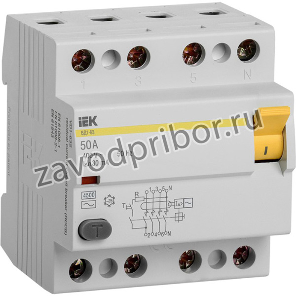 MDV10-4-050-030, Выключатель дифференциального тока (УЗО) 4п 50А 30мА ВД1-63 АС(Электромеханическое)