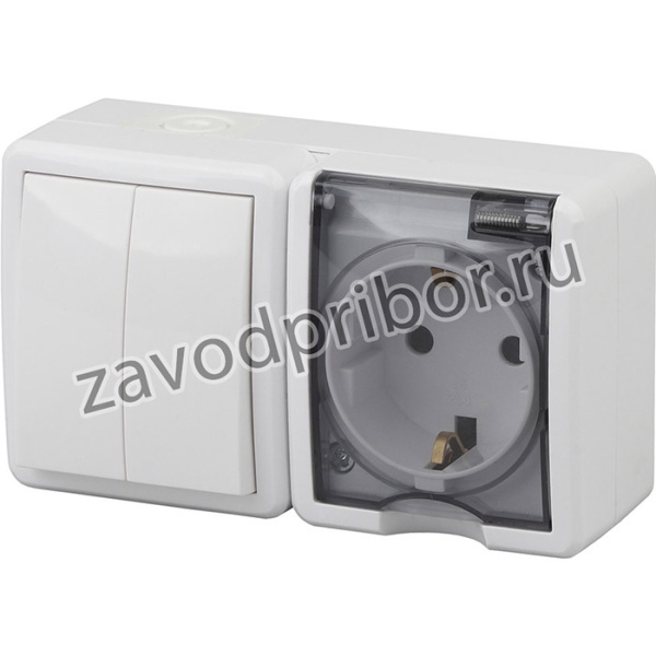11-7402-01 ЭРА Блок розетка+выключатель двойной IP54, 16A(10AX)-250В, ОУ, Эра Эксперт, белый (8/80/1 Б0020735
