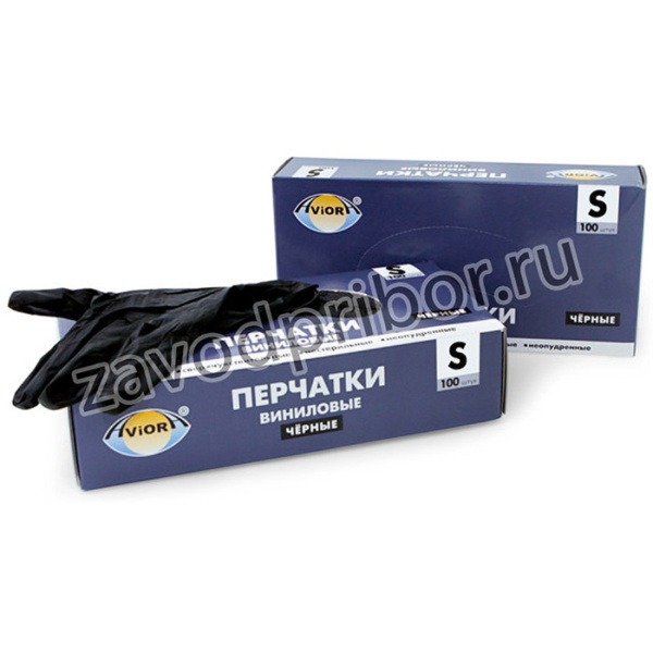 Перчатки виниловые черные, неопудренные, S, 100шт. в уп. 402-734