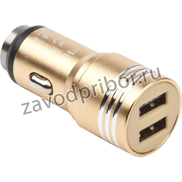 Автомобильная зарядка металлическая с кабелем для Apple 8 pin + 2 USB выхода 2.1A золотая, блистер
