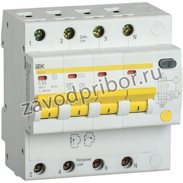 Выключатель автоматический дифференциального тока селективный 4п 63А 300мА тип AC АД14S IEK MAD13-4-063-C-300