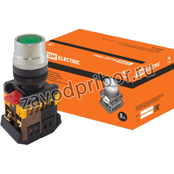 Кнопка ABLF-22 зеленый d22мм неон/230В 1з+1р TDM