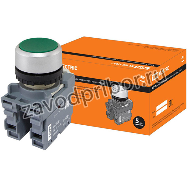 Кнопка MP1-20G в сборе d22мм 1з+1р зеленая TDM