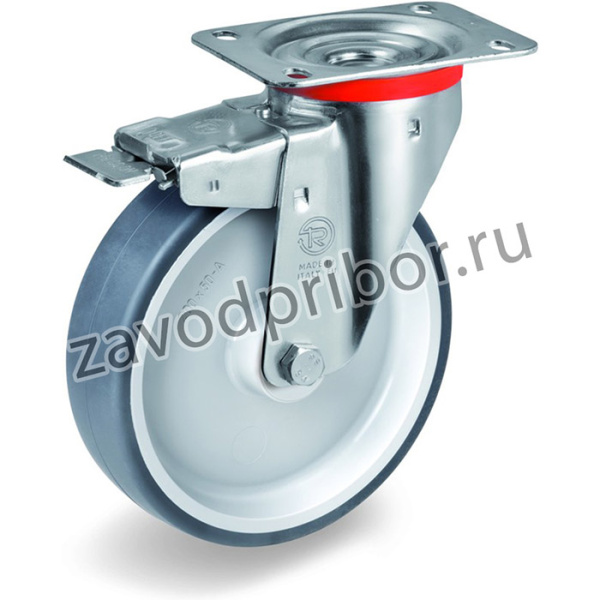Колесо Tellure Rota 716602 поворотное с тормозом, диаметр 100мм, грузоподъемность 100кг, термопластичная серая резина, полипропилен