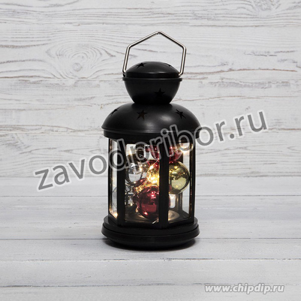 513-061, Декоративный фонарь с шариками 12х12х20,6 см, черный корпус, теплый белый цвет свечения