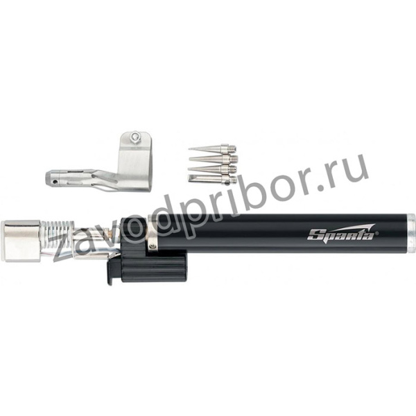 Горелка газовая, тип "Карандаш" c пьезоподжигом, 4 насадки для пайки, 200 мм// Sparta